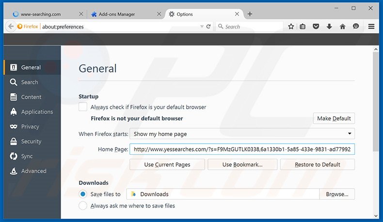 Suppression de la page d'accueil de yessearches.com dans Mozilla Firefox 