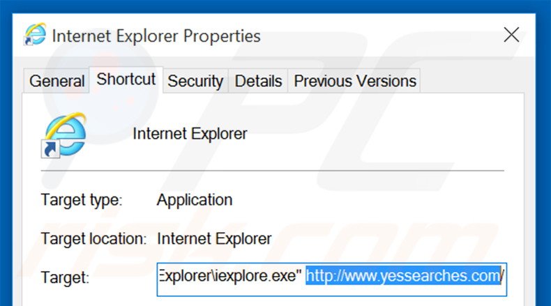 Suppression du raccourci cible de yessearches.com dans Internet Explorer étape 2