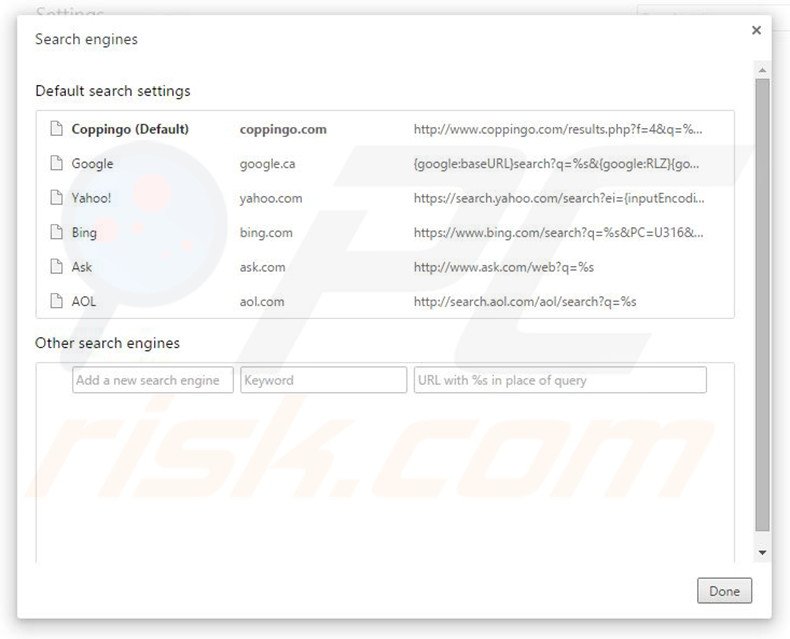 Suppression du moteur de recherche par défaut de coppingo.com dans Google Chrome 