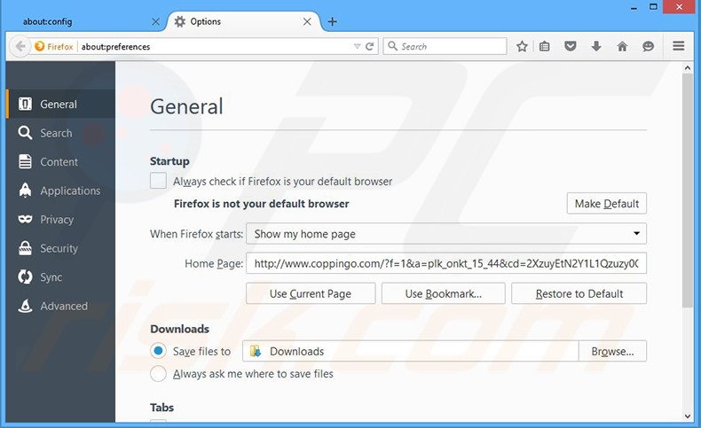 Suppression de la page d'accueil de coppingo.com dans Mozilla Firefox 