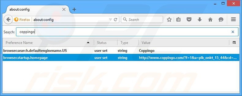Suppression du moteur de recherche par défaut de coppingo.com dans Mozilla Firefox 
