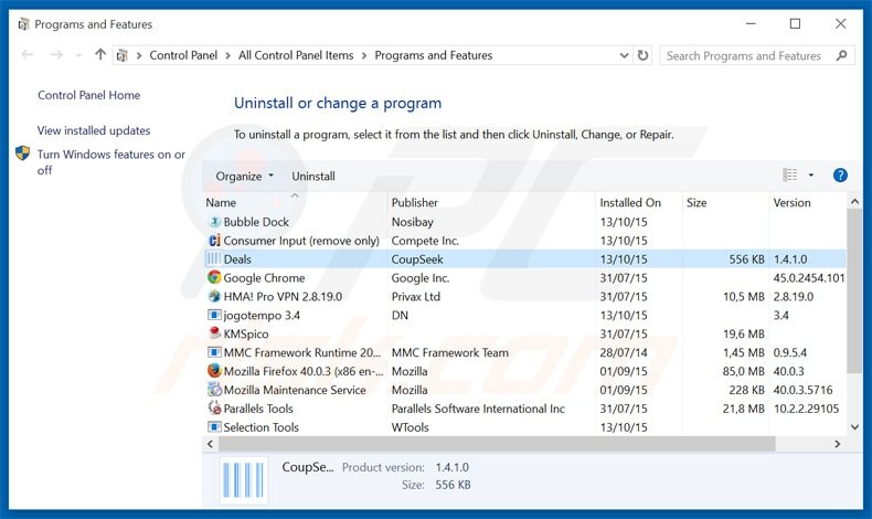 Désinstallation du logiciel de publicité coupseek via le Panneau de Configurationl