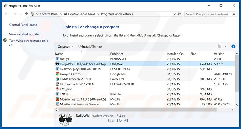  Désinstallation du logiciel de publicité DailyWiki via le Panneau de Configuration