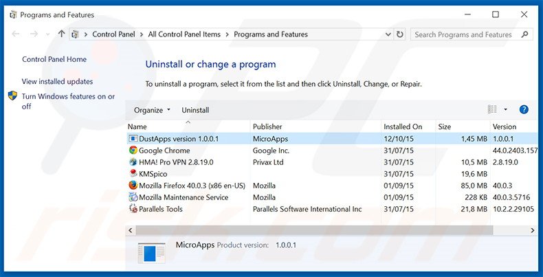 Désinstallation du logiciel de publicité DustApps via le Panneau de Configuration