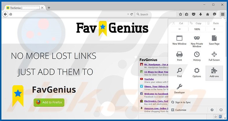 Suppression des publicités FavGenius dans Mozilla Firefox étape 1