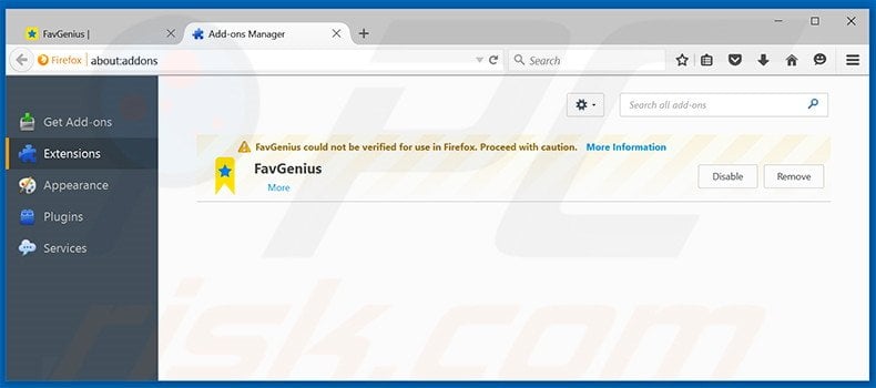 Suppression des publicités FavGenius dans Mozilla Firefox étape 2