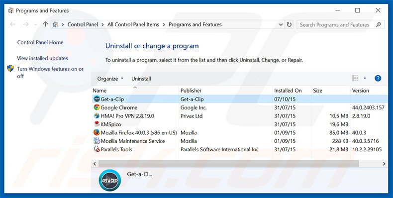 Désinstallation du logiciel de publicité Get-a-Clip via le Panneau de Configuration