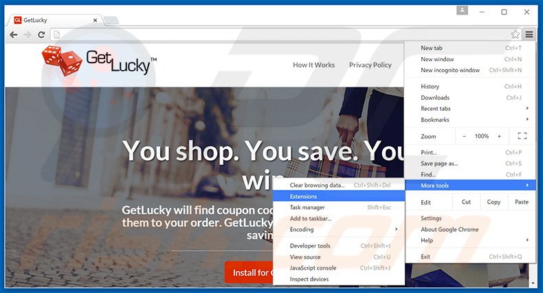 Suppression des publicités GetLucky dans Google Chrome étape 1