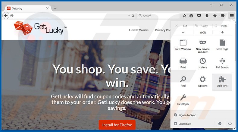 Suppression des publicités GetLucky dans Mozilla Firefox étape 1