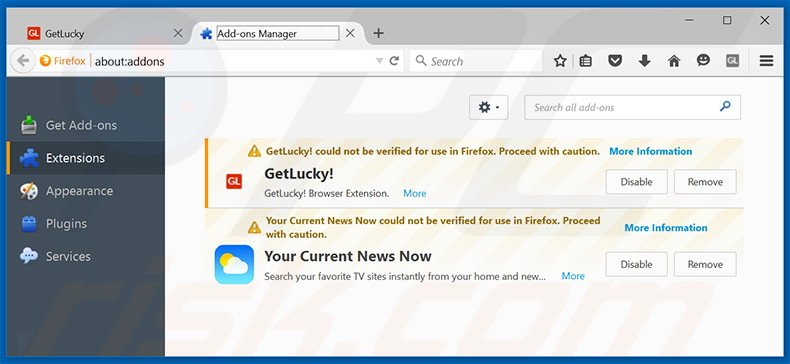 Suppression des publicités GetLucky dans Mozilla Firefox étape 2