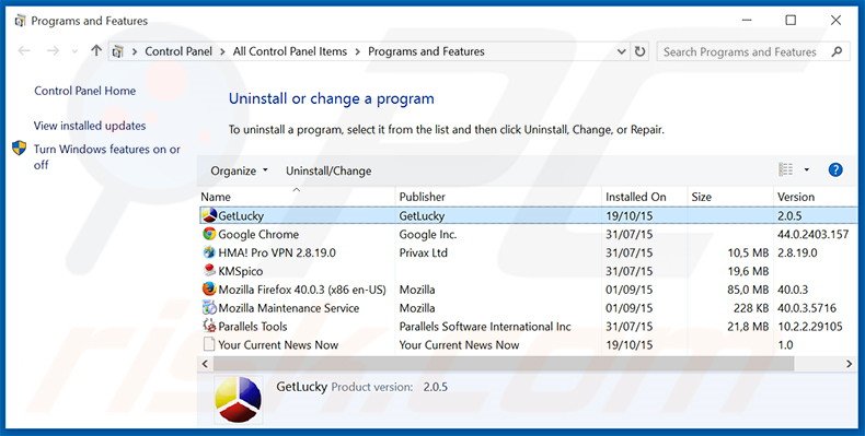 Désinstallation du logiciel de publicité GetLucky via le Panneau de Configuration