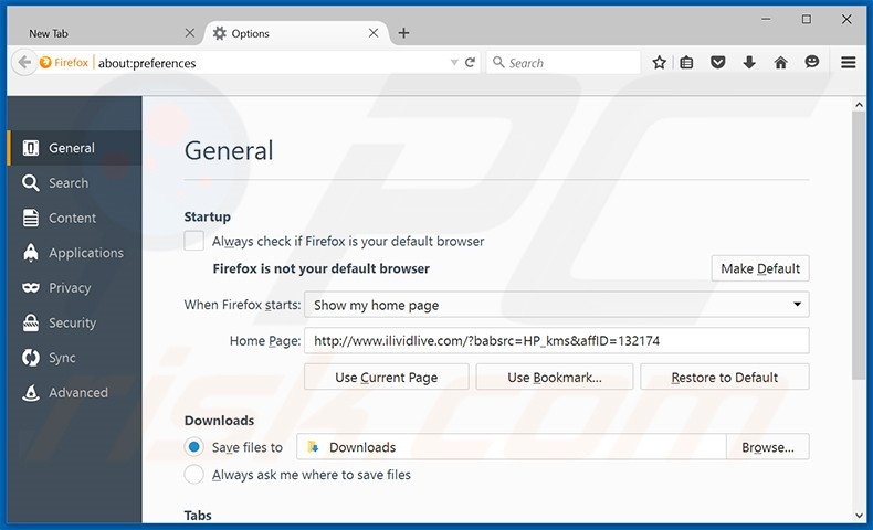 Suppression de la page d'accueil d'ilividlive.com dans Mozilla Firefox 