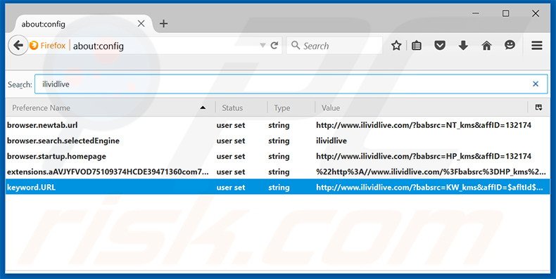 Suppression du moteur de recherche par défaut d'ilividlive.com dans Mozilla Firefox 