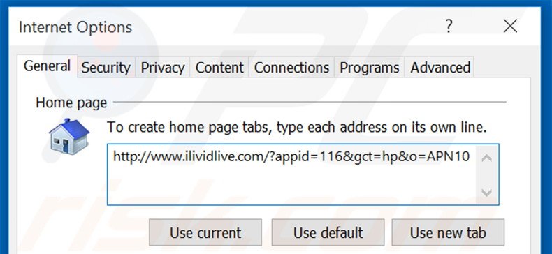 Suppression de la page d'accueil d'ilividlive.com dans Internet Explorer 