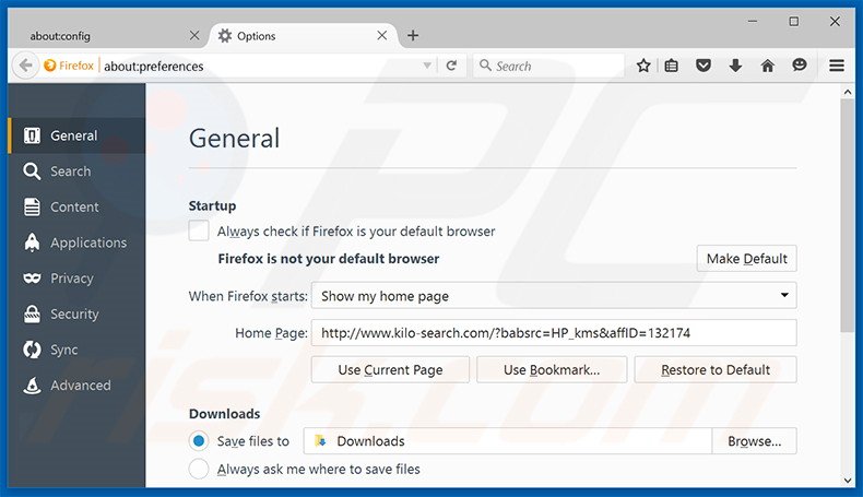 Suppression de la page d'accueil de kilo-search.com dans Mozilla Firefox 