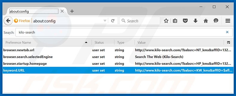 Suppression du moteur de recherche par défaut de kilo-search.com dans Mozilla Firefox 