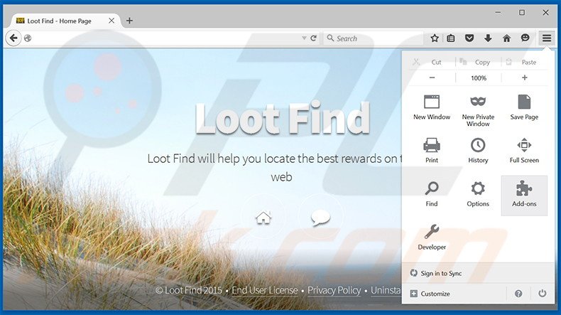 Suppression des publicités Loot Find dans Mozilla Firefox étape 1