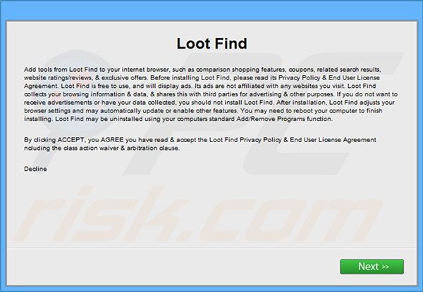 Configuration officielle de l'installation du logiciel de publicité Loot Find 