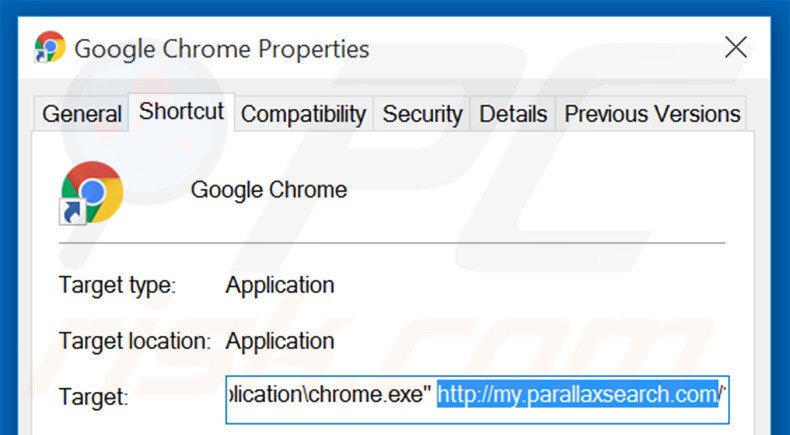 Suppression du raccourci cible de my.parallaxsearch.com dans Google Chrome étape 2