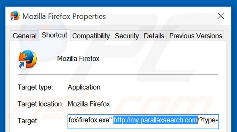 Suppression du raccourci cible de my.parallaxsearch.com dans Mozilla Firefox étape 2