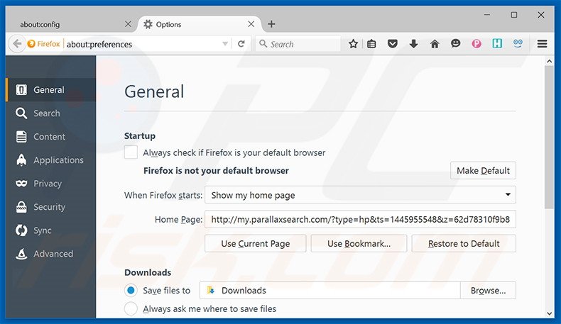 Suppression de la page d'accueil de my.parallaxsearch.com dans Mozilla Firefox