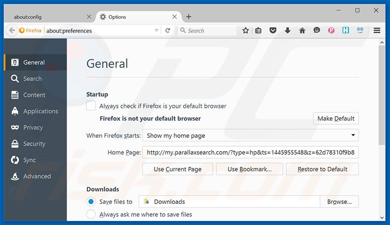 Suppression de la page d'accueil de my.parallaxsearch.com dans Mozilla Firefox