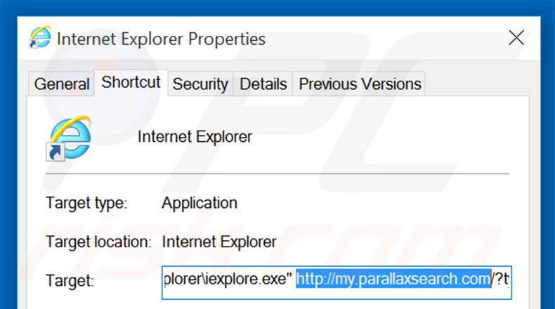 Suppression du raccourci cible de my.parallaxsearch.com dans Internet Explorer étape 2