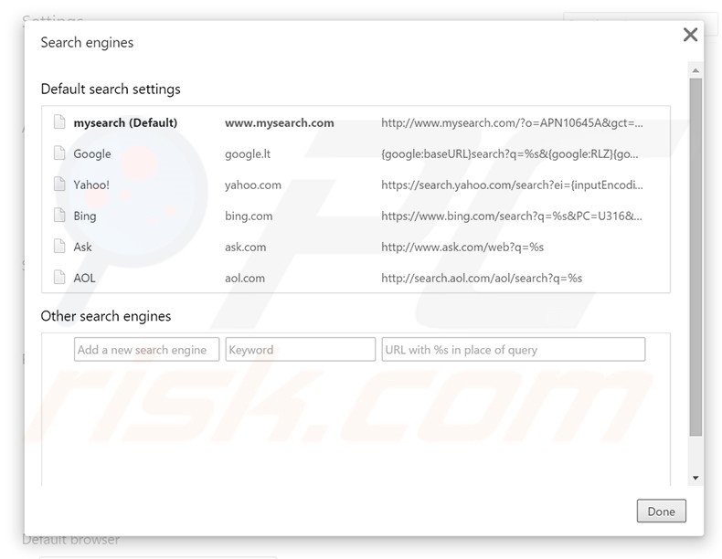 Suppression du moteur de recherche par défaut de mysearch.com dans Google Chrome 