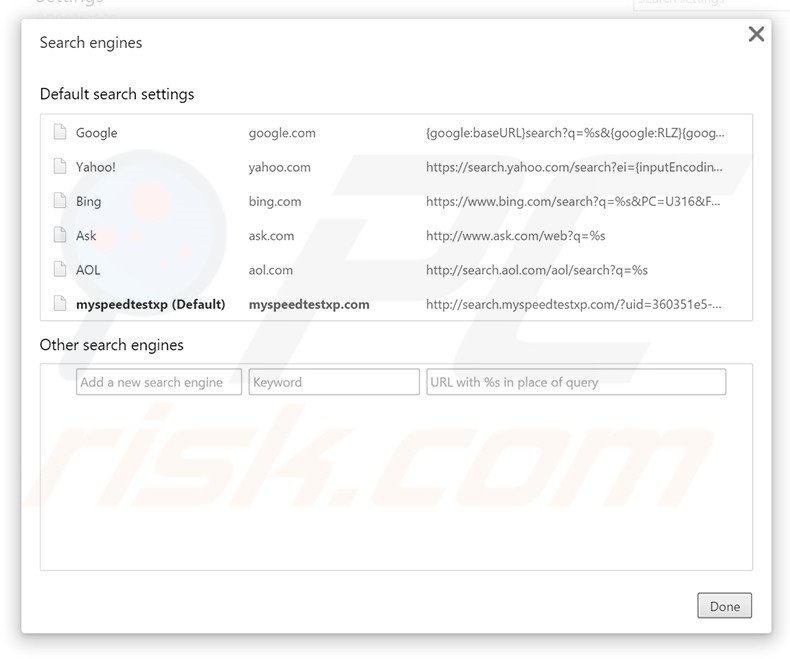 Suppression du moteur de recherche par défaut de search.myspeedtestxp.com dans Google Chrome 
