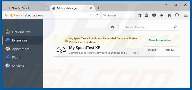 Suppression des extensions reliées à search.myspeedtestxp.com dans Mozilla Firefox