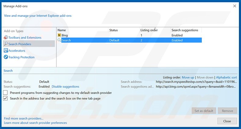 Suppression du moteur de recherche par défaut de search.myspeedtestxp.com dans Internet Explorer 