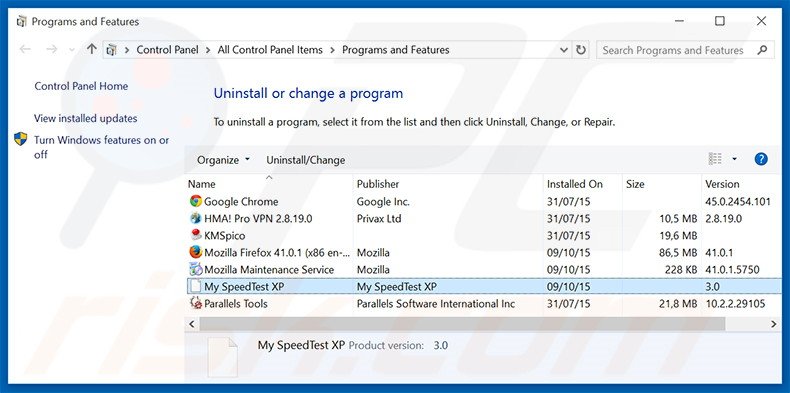 Désinstallation du pirate de navigateur search.myspeedtestxp.com via le Panneau de Configuration