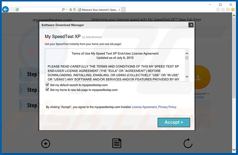 Site web utilisé pour faire la promotion du pirate de navigateur My SpeedTest XP 