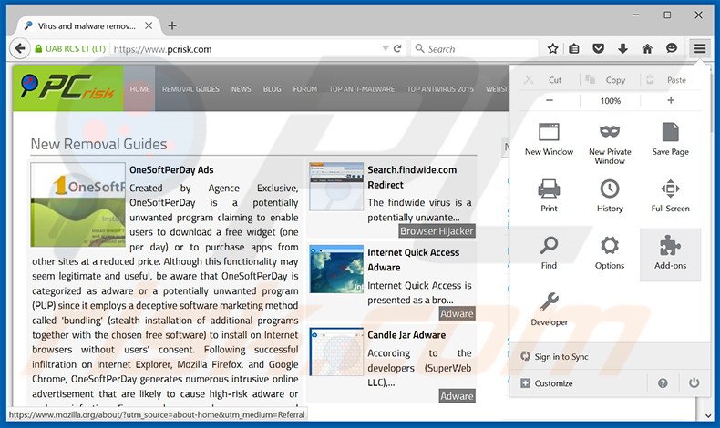 Suppression des publicités Olcinium Browser dans Mozilla Firefox étape 1