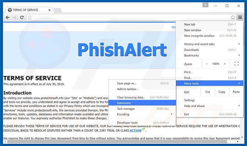 Suppression des publicités Phishalert dans Google Chrome étape 1