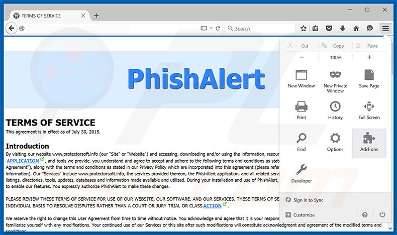 Suppression des publicités Phishalert dans Mozilla Firefox étape 1