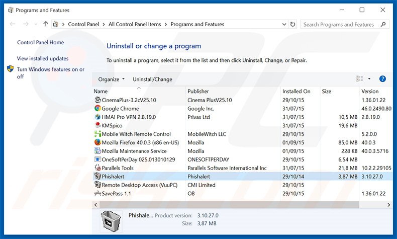 Désinstallation du logiciel de publicité Phishalert via le Panneau de Configuration