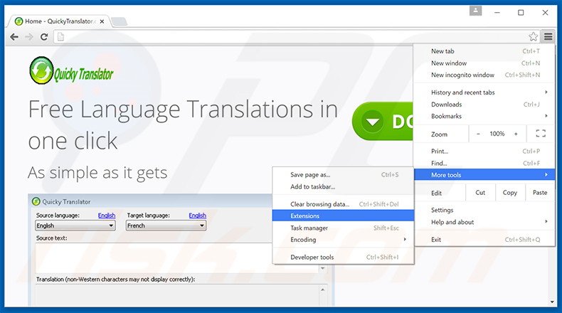 Suppression des publicités QuickyTranslator dans Google Chrome étape 1