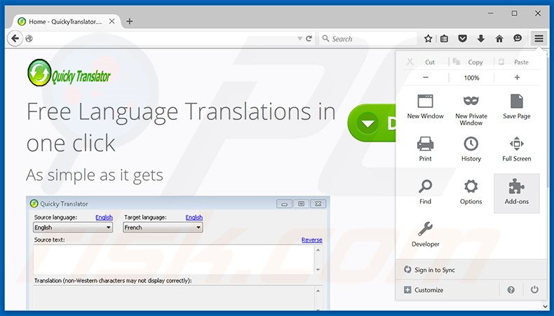 Suppression des publicités QuickyTranslator dans Mozilla Firefox étape 1