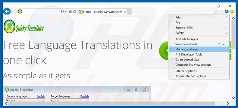 Suppression des publicités QuickyTranslator dans Internet Explorer étape 1
