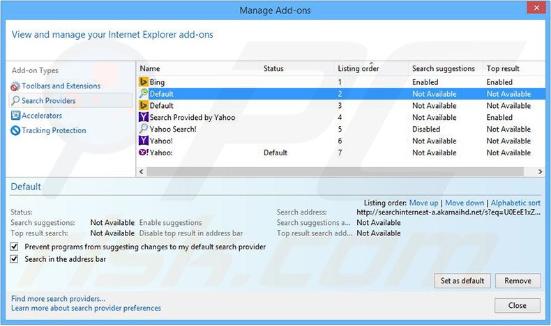 Suppression du moteur de recherche par défaut de searchinterneat-a.akamaihd.net dans Internet Explorer 