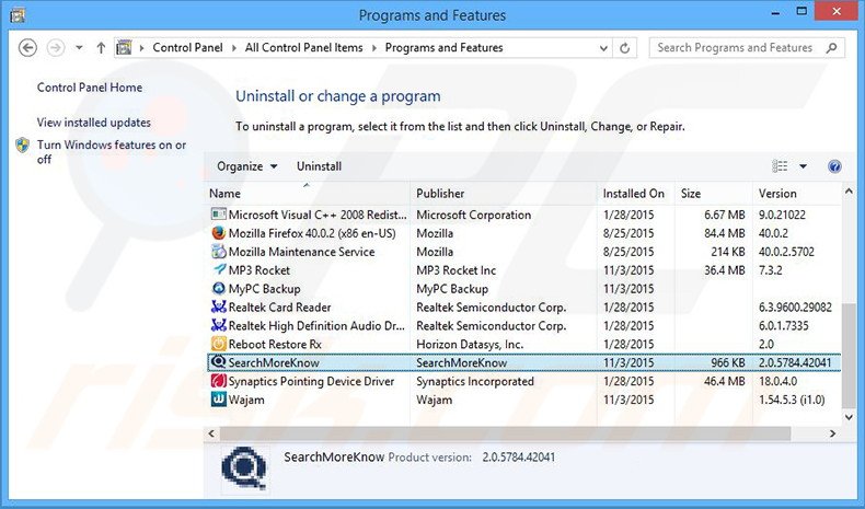 Désinstallation du pirate de navigateur Search Know via le Panneau de Configuration