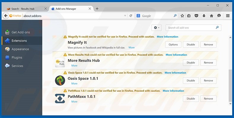 Suppression des extensions reliées à search.results-hub.com dans Mozilla Firefox 