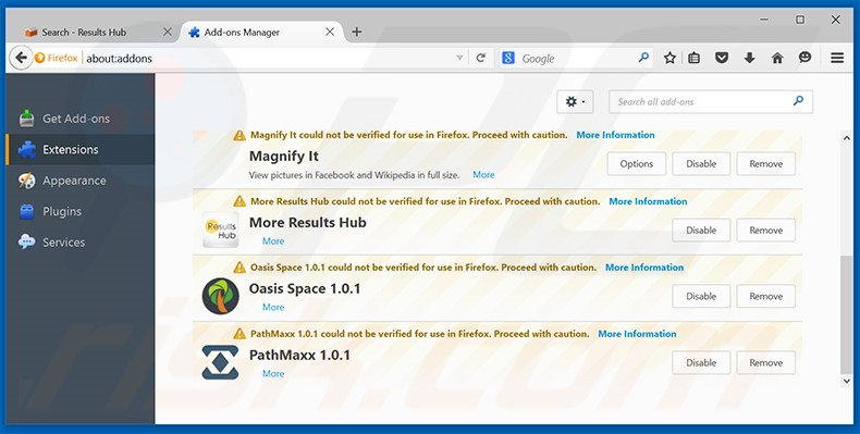 Suppression des extensions reliées à search.results-hub.com dans Mozilla Firefox 