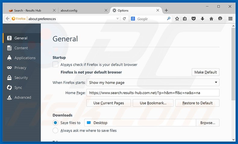 Suppression de la page d'accueil de search.results-hub.com dans Mozilla Firefox 