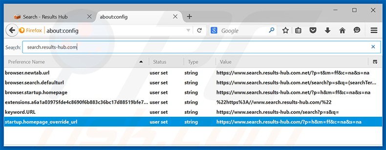 Suppression du moteur de recherche par défaut de search.results-hub.com dans Mozilla Firefox 