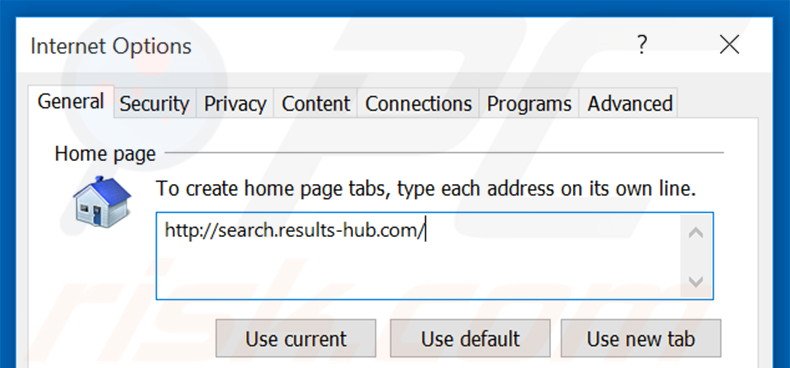 Suppression de la page d'accueil de search.results-hub.com dans Internet Explorer 
