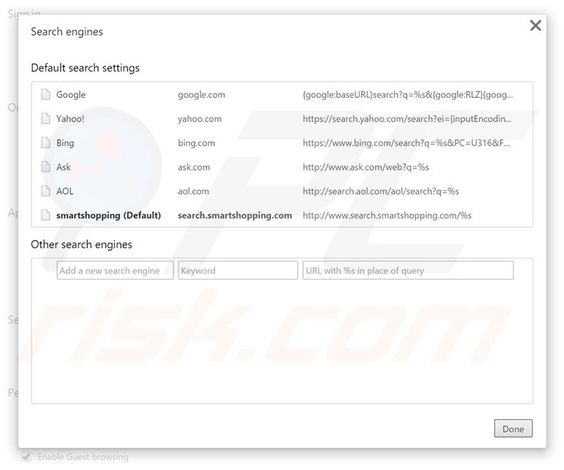 Suppression du moteur de recherche par défaut de search.smartshopping.com dans Google Chrome 