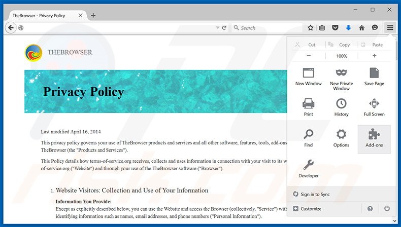 Suppression des publicités TheBrowser dans Mozilla Firefox étape 1