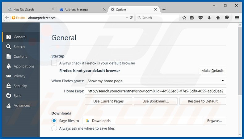 Suppression de la page d'accueil de search.yourcurrentnewsnow.com dans Mozilla Firefox 